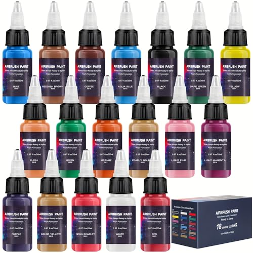 Airbrush Paint 18 Colors, Ready to Spray Airbrush Paint Set, Water-Based Acrylic Air brush Paints for Metal, Plastic Models, Canvas, Wood, 0.67 Fl Oz/20ml - color: 18 Colors