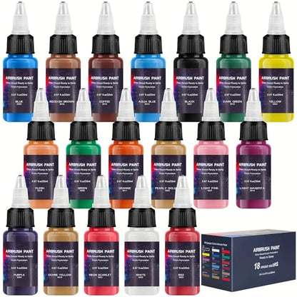 Airbrush Paint 18 Colors, Ready to Spray Airbrush Paint Set, Water-Based Acrylic Air brush Paints for Metal, Plastic Models, Canvas, Wood, 0.67 Fl Oz/20ml - color: 18 Colors