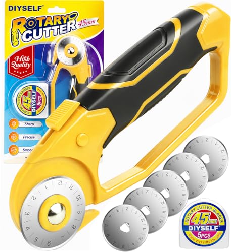 DIYSELF 45mm Rotary Cutter for Fabric, Fabric Cutter Rotary Tool, 5 Blades | Roller Cutter for Fabric with Ergonomic Handle, Safety Lock and Quick-Change Blades for Quilting, Sewing, Paper and Leather - color: Yellow