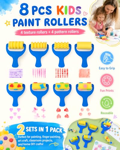 STOBOK Kids Paint Rollers Set, 8Pcs Sponge Painting Brushes with Large and Pattern Rollers for Finger Painting, Art Craft, Classroom Projects and Home DIY Crafts