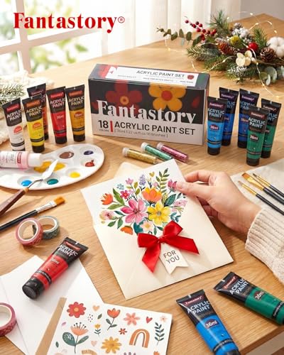 Fantastory 36ml 18 Colors Professional Acrylic Paint Set with 10 Brushes | Designed for Demanding Projects on Canvas, Wood, Stone, and Model Building - style: 18 Colors