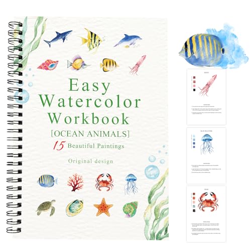 Watercolor Workbooks Ocean Animals, 15 Beautiful Paintings for Water Color Book Adult, Watercolor Coloring Book for Beginners, Watercolor Workbook for Adults Teens (Without Palette, Ocean Animals) - color: Ocean Animals, size: without palette