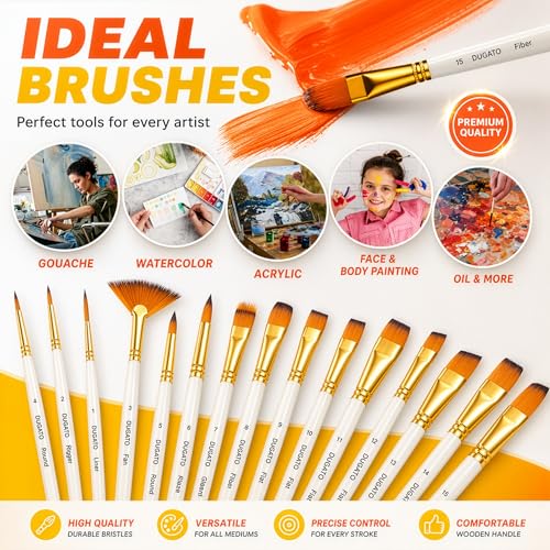 DUGATO Paint Brush Set 15pc with Pop-Up Case, Palette Knife & Sponges - color: Yellow