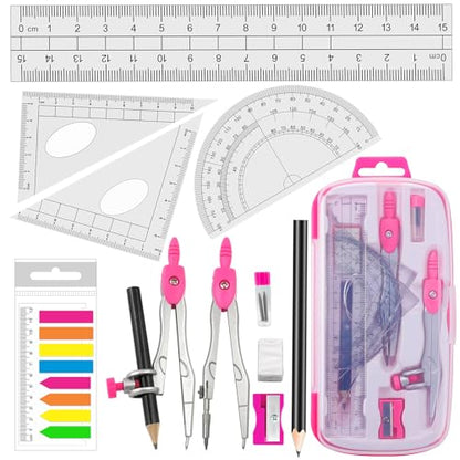 Akuoly Maths Compasses Full Starter Geometry Kit with 2 Drafting Compasses Protractor 2 Set Squares Ruler Pencil and More for Students Maths Study Homework etc. Pink