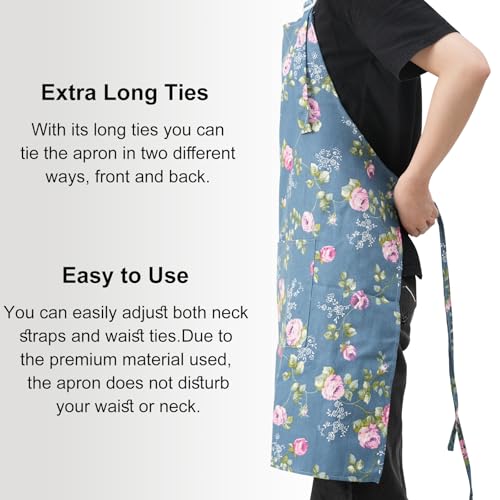 DILLMAN Aprons for Women with Pockets Cotton Linen Cooking Kitchen Baking Soft Durable Floral Gardening Apron - color: Blue
