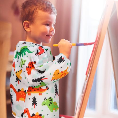 Kids Art Smocks Dinosaur Painting Aprons for Children Waterproof Artist Smock with Long Sleeve and 3 Pockets for Age 3-8 Years (White) - color: Dinosaur (White)