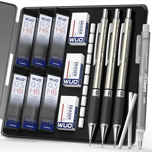 WUO 0.5 mm Mechanical Pencil Set with Eraser Pen Storage Case, 3 PCS | Metal Drafting Pencils, 360 HB Lead Refills, 3x4B Erasers, 12 Eraser Refills for School Artist Writing Drawing Sketching - color: Black 1 - 0.5mm (3 Pack)