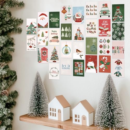 FYSUIMU 50Pcs Christmas Boho Wall Collage Kit Red-Green Xmas Aesthetic Minimalist Wall Pictures for Bedroom Dorm Living Room Winter Holiday Home Decor, 4 x 6 Inch