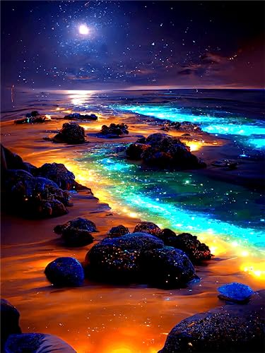 Yunnuo Moonlight Beach Diamond Art Kits for Adult, Diamond Painting Kits for Beginners, 5D DIY Full Drill Gem Art with Rhinestone Diamonds, 12x16 Inch, Home Wall Decor Gifts - color: B002-Beach 30x40cm