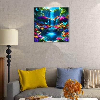 MMAHD 5D Diamond Painting Kit, Enchanted Waterfall Garden with Blue Butterflies, Full Drill Crystal Rhinestone Embroidery Art, Nature Scene (Landscape) - style: landscape
