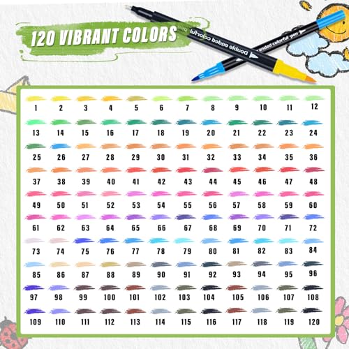 120 Colors Dual Markers Brush Pens ,Dual Tip Brush&Fine Tip Markers for Adult Kids Coloring,Water-based Ink Art Marker,Calligraphy Pens Fineliner and Brush Tips for Hand Lettering, Journal, Doodling - color: 120 Colors