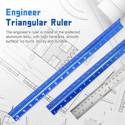 Biaungdo 3 Pack Architect Engineer Scale Ruler 12 Inch Blue for Drafting | Laser-Etched Precision Markings, Dual Imperial Metric Scales, Includes Metal Ruler, For Architects Engineers Students