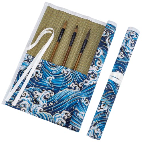 AHANDMAKER 1Pc Bamboo Brush Holder Rollup Portable Protector with Blue River Pattern Storage Organizer Roll-Up Case Bag for Paintbrushes Pencils, Pens Tools Storage 350x312x3mm - color: Blue