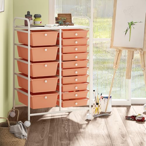 COSTWAY 15 Drawer Rolling Storage Cart, Mobile Storage Organizer | Removable Drawers & Metal Frame, Multipurpose Utility Tools Paper Organizer on Wheels for Home, Office (Peach) - color: Peach, size: 15 Drawer