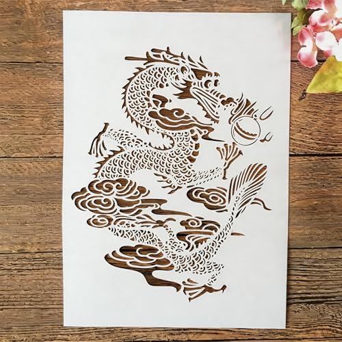 TIAMECH A4 Reusable Chinese Dragon Stencil for Painting | Myth Traditional Dino Totem Layering Template, DIY Wall Art, Wood Furniture, Scrapbook & Crafts (8.3x11.7inch) - style: Chinese Dragon