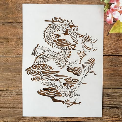 TIAMECH A4 Reusable Chinese Dragon Stencil for Painting | Myth Traditional Dino Totem Layering Template, DIY Wall Art, Wood Furniture, Scrapbook & Crafts (8.3x11.7inch) - style: Chinese Dragon