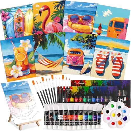 Cholemy 36 Pcs Paint and Sip Kit Gift for Adults 8''x10'',Hawaii | Pre Drawn Canvas, Painting DIY Afro Acrylic Painting Kit, Wood Easel Brushes, Date Night Bulk, Summer Halloween Party - style: Hawaii