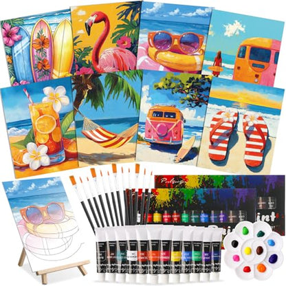 Cholemy 36 Pcs Paint and Sip Kit Gift for Adults 8''x10'',Hawaii | Pre Drawn Canvas, Painting DIY Afro Acrylic Painting Kit, Wood Easel Brushes, Date Night Bulk, Summer Halloween Party - style: Hawaii