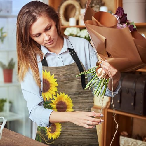 Apron with Pockets, 32x28 inch, for Women Men, Sunflowers Wooden | Autumn Flower Wood Board Waterproof Adjustable Bib Aprons for Kitchen Cooking Baking Painting Gardening - color: Sunflower Wooden