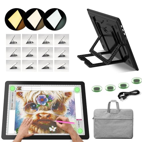 YINGWOND Rechargeable A3 LED Light Pad/Board with Foldable Stand | 3 Light Colors,Adjustable Brightness,Side Button,Portable,Wireles Tracing Light Box, for Diamond Art Weeding Vinyl Drawing - size: A3 with Bag