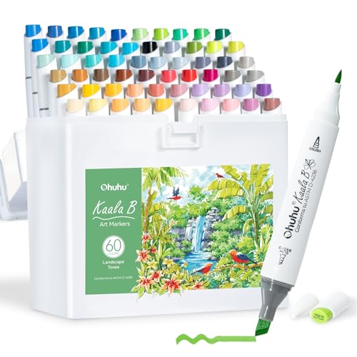 Ohuhu Alcohol Markers Mini Brush& Slim Borad 60 Colors for Adults Coloring | Dual Tips Art Marker Set for Artists Beginners Drawing Illustration, Landscape-tone Alcohol-based Refillable Ink, Kaala B - color: 60 Landscape Colors + 1 Colorless Blender