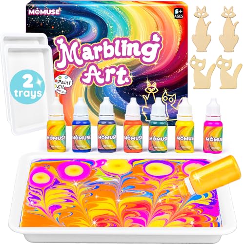 MOMUSE Water Marbling Paint Kit for Kids Dual Trays, Painting Craft Kits | Metallic Gold Marble Painting Kit, 6 7 8 9 10 Girls Birthday Gifts Present,Creative Arts & Crafts for Kids