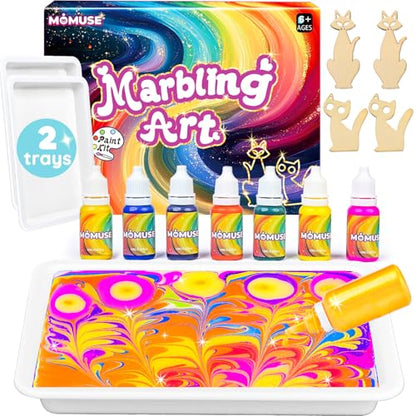 MOMUSE Water Marbling Paint Kit for Kids Dual Trays, Painting Craft Kits | Metallic Gold Marble Painting Kit, 6 7 8 9 10 Girls Birthday Gifts Present,Creative Arts & Crafts for Kids