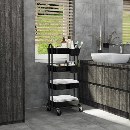 Simple Houseware 4-Tier Rolling Utility Cart with Hanging Bucket, Black - color: Black, size: 4-Tier