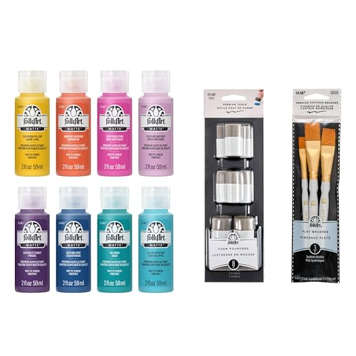 FolkArt Mindful Matte Acrylic Craft Paint Kit, Energetic Colors, 19 Piece Set with 8 Paints, 8 Pouncers, and 3 Premium Paintbrushes - color: Energetic