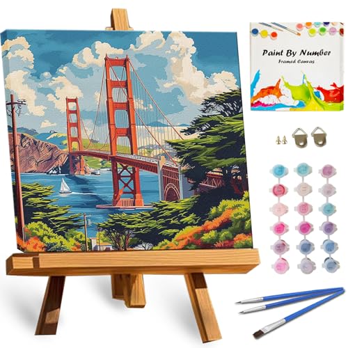 TOCARE Framed Paint by Numbers Kit for Adults Beginners & Kids Ages 8-12, Golden Gate Bridge Paint by Number with Frame, San Francisco Paint by Numbers Framed Canvas (10x10 Inch,Without Easel) - color: TC-F-197