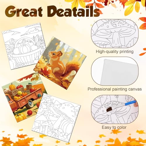 Teling 12 Pcs Fall Pre Drawn Stretched Canvas Kit for Adults Painting Pre Printed Canvas Outline for DIY Painting Party Favor, 6 x 6 x 0.6 Inches(Fall) - style: Fall