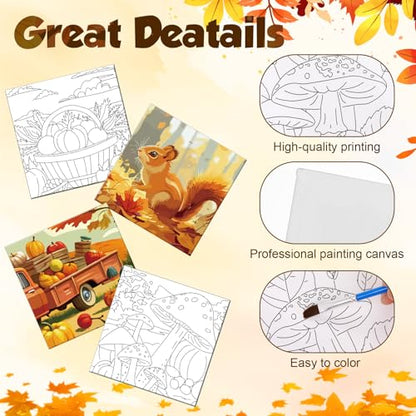 Teling 12 Pcs Fall Pre Drawn Stretched Canvas Kit for Adults Painting Pre Printed Canvas Outline for DIY Painting Party Favor, 6 x 6 x 0.6 Inches(Fall) - style: Fall