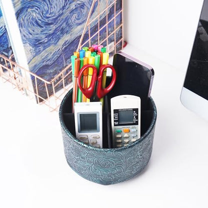 Round Leather Art Supply Organizer,Remote Control Holder,360 Degree Spinning,Multi-Functional Pencil Holder,4 Compartments Desktop Stationary Organizer(1-Carved Metal Green3) - color: 1-Carved Metal Green3