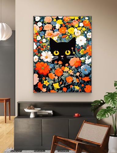 ZRIZQ Paint by Numbers Kit for Adults Beginner,Black Cat Flowers,16x20 | Full set with wooden brushes,rolled canvas,rich paints.Calming activity.Beginner friendly.Just open and paint. - color: 16"X20"Rolled Canvas(Frameless)-Cat 14