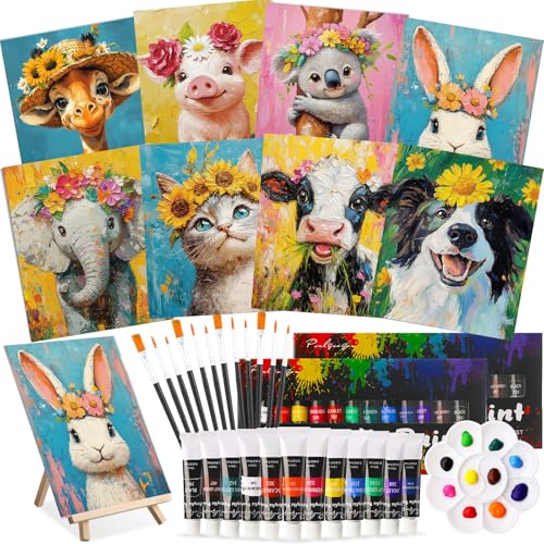 Cholemy 36 Pcs Paint and Sip Kit Gift for Adults 8''x10'',Flower Animals | Pre Drawn Canvas, Painting DIY Afro Acrylic Painting Kit, Wood Easel Brushes, Date Night Bulk, Summer Halloween Party - style: Flower Animals