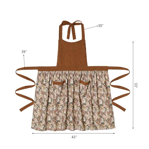 Cute Floral Apron for Women with Pockets, Cotton, Adjustable Straps - color: Brown