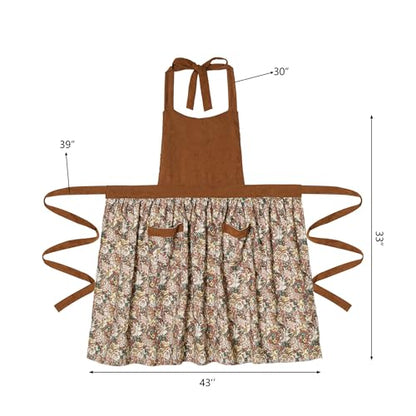 Cute Floral Apron for Women with Pockets, Cotton, Adjustable Straps - color: Brown