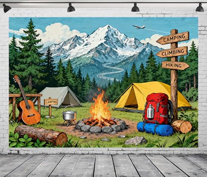 7x5FT Camping Backdrop Pine Tree Camping Equipment Bonfire Directional Sign Background for Outdoor Adventure Travel Holiday Themed Party Decoration Photo Shoot Props Vinyl - size: 7x5FT