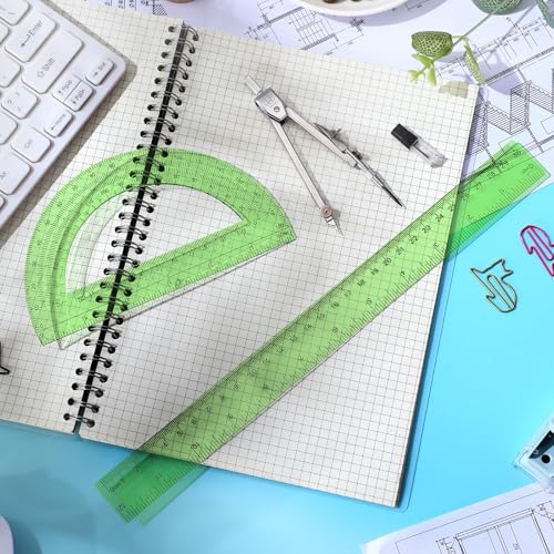 Zonon 3 Pcs 12" Clear Plastic Ruler 6 Inch Protractor Compass Set, Green - color: Green, size: 12 Inch