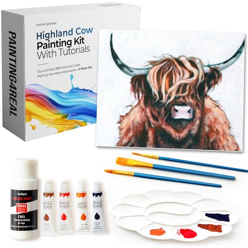 Painting4Real DIY Painting Class Kits for Adults with Video Tutorials, Learn to Paint Highland Cow, How to Paint with Acrylic Paint Sets for Adult, 9 Peices Art & Painting Supplies Gifts for Mom - color: Highland Cow