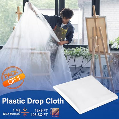 Plastic Drop Cloths, 1Mil Thick, 9x12 Ft, Thickened Painter's Sheeting | Tear-Proof, Waterproof, For Painting, Furniture, Walls, and Floor Protection - size: 1mil-1Pack
