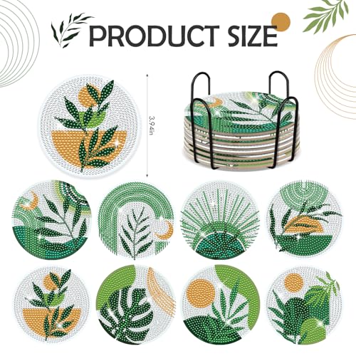 Boho Diamond Art Coasters - 8 Pcs DIY Green Plant Diamond Painting Coasters Kits with Holder for Drinks Coffee Aesthetic Gem Art Crafts Supplies Birthday Easter Gift for Beginners Adults - color: Boho Plant