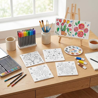 6Pcs Pre Drawn Canvas to Paint for Adults, 6x6 in Floral Art Boards | Botanical Stretched Canvas Set for Adult Ladies Night Wine and Paint Party Supplies Beginner Stress Relief Gift