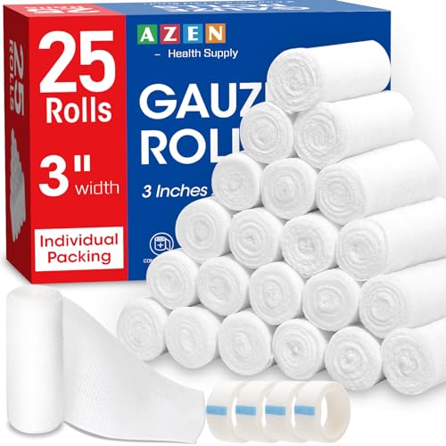 AZEN 25 Pack Gauze Rolls Bandages, 3 in x 4.1 Yards, Premium Medical Supplies & First Aid Supplies, Bandage Wrap Vet Wrap, Mummy Wraps - color: 25p, size: 3IN