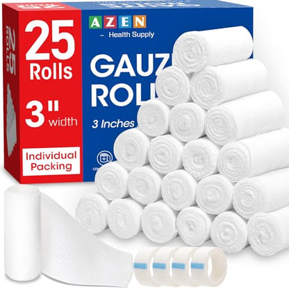 AZEN 25 Pack Gauze Rolls Bandages, 3 in x 4.1 Yards, Premium Medical Supplies & First Aid Supplies, Bandage Wrap Vet Wrap, Mummy Wraps - color: 25p, size: 3IN