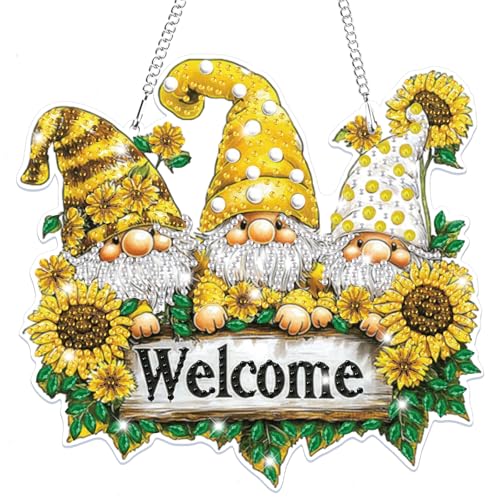 Bowetile Hanging Diamond Art Gnomes Kits for Adults, 5D Special Shape Diamond Painting Welcome Sign Gnomes Kits, Diamond Gem Art Suncatchers Painting Ornament for Home Garden Wall Decor - color: Gnome