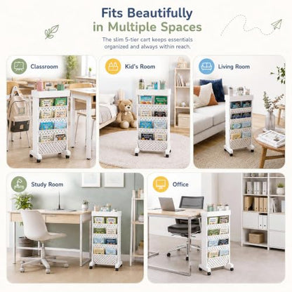 5-Tier Rolling Bookshelf Cart with Wheels, White - color: White, size: 5-Tier 26"H