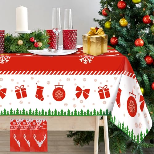 3 Pack Christmas Tablecloth, Disposable Plastic Christmas Table Cloth
