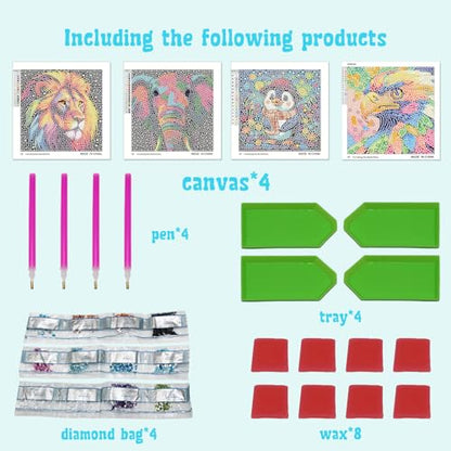 Libfx Diamond Art Kits for Kids 4 PCS Diamond Art for Girls Boys Beginners Arts and Crafts for Kids(Lion-Elephant) - color: C
