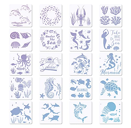 20 Pieces Summer Sea Ocean Stencils Marine Organism Background Painting Templates Summer Reusable Sea Animals Stars Shells Fish Stencil for DIY Crafts Scrabooking Art Projects (6 X 6 Inch) - color: 20 PCS